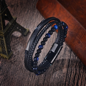 Men's multilayer braided leather bracelet with blue tiger eye beads and magnetic buckle
