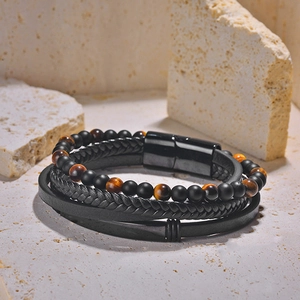 Men's Vintage Multilayer Woven Leather Bracelet With Tiger Eye Matte Stone Beads Stainless Steel Magnetic Clasp Punk Jewelry