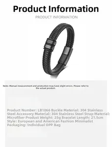 Detail view of black braided leather bracelet with 304 stainless steel magnetic clasp