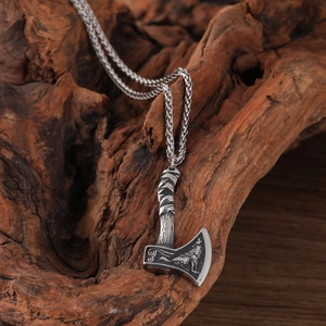 Nordic Viking battle axe pendant necklace in vintage stainless steel with wolf engravings