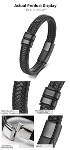 Detailed close-up of woven leather texture and stainless steel clasp on men's bracelet