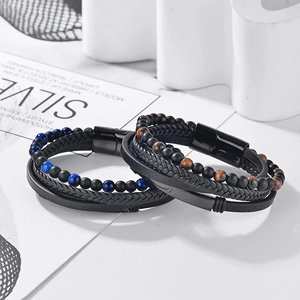 Men's multi-layer braided leather bracelet with tiger eye stone beads and magnetic buckle