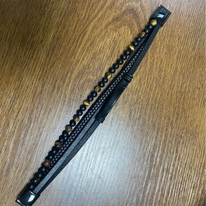 Men's multi-layer leather bracelet with tiger eye beads and black stainless steel plate