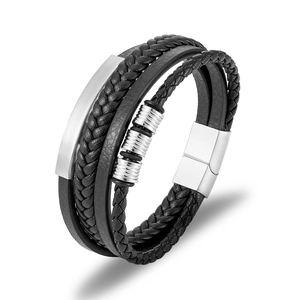 Multilayer braided leather bracelet for men with silver magnetic buckle and metal charms