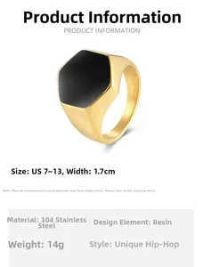 Vue détaillée bague hexagonale dorée en acier inoxydable avec résine noire et dimensions