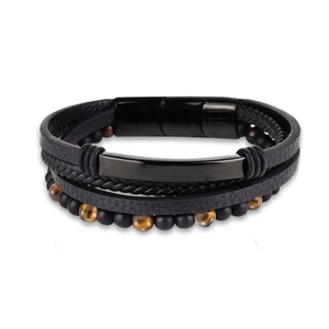 Men's multilayer braided leather bracelet with tiger eye stone and stainless steel clasp
