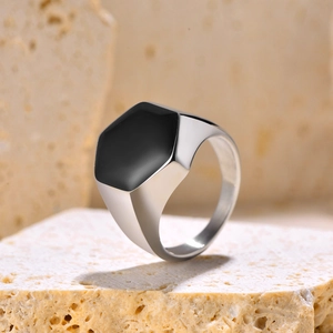 Chevalière Hexagonale en Acier Inoxydable pour Homme Minimaliste Bague Géométrique en Émail Noir Irrégulier Bijoux de Mode