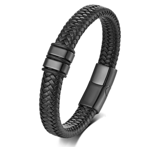 Men's Black Braided Microfiber Leather Bracelet With 304 Stainless Steel Magnetic Clasp Geometric Charms Fashion Jewelry
