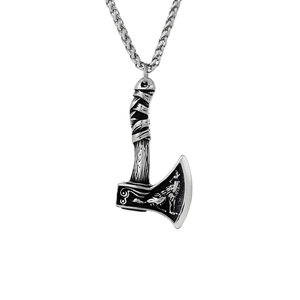 Nordic Viking axe pendant necklace in stainless steel with wolf totem engraving