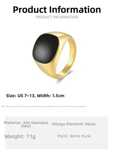 Macro detail of men's stainless steel signet ring with black epoxy inlay and 1.5cm width