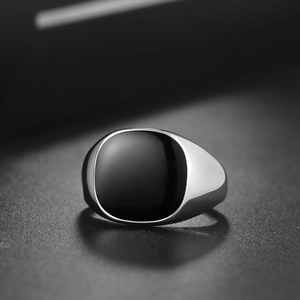 Vintage stainless steel signet ring for men with large black oval resin inlay