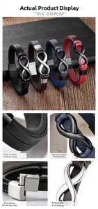 Dettaglio dei ciondoli infinito su bracciali in pelle intrecciata con chiusure in acciaio