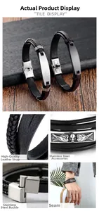 Detail of multi-layer black leather bracelet with engraved skull and wings steel charm