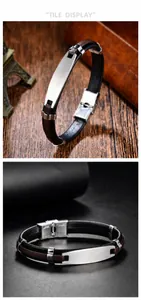 Detail of men's dual-tone leather bracelet with brushed stainless steel identification plate