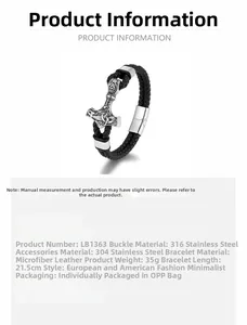 Detail view of Viking Thor Hammer bracelet featuring 316 stainless steel and leather
