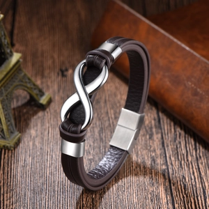 Bracciale a doppio strato in pelle marrone con simbolo dell'infinito in acciaio argento