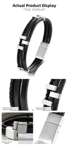 Detail view of black multi-layer braided leather bracelet with brushed stainless steel clasp