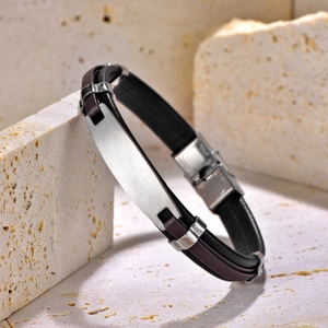 Men's double-layer leather bracelet with curved stainless steel plate on stone