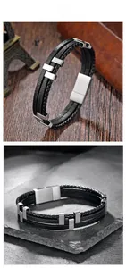 Close-up of black braided leather layers and brushed stainless steel magnetic clasp