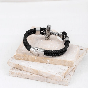 Men's Viking braided leather bracelet with Thor's hammer silver metal charm