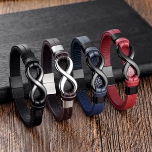 Bracciale Hip Hop in Pelle e Acciaio Inossidabile con Simbolo Infinito Uomo Doppio Strato Chiusura Magnetica Gioielli a Mano