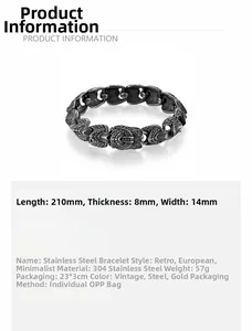 Technical drawing of vintage 304 stainless steel punk chain bracelet with size measurements