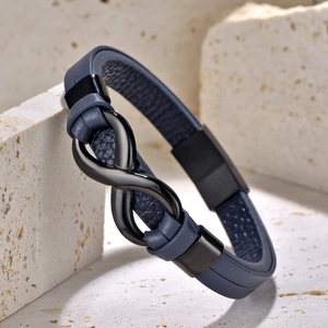 Bracciale doppio in pelle blu-grigio con simbolo dell'infinito in acciaio nero