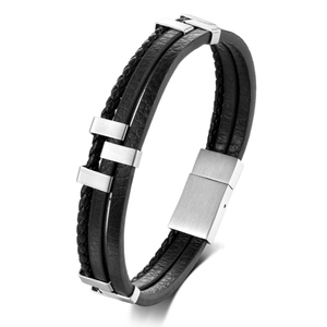 Men's Three-Layer Braided Leather Bracelet With Stainless Steel Magnetic Clasp Vintage Punk Geometric Woven Wristband