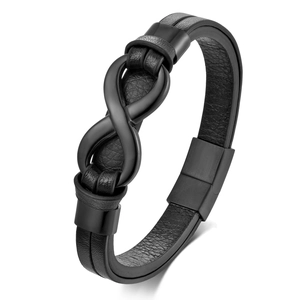 Bracciale a doppio strato in pelle nera con simbolo dell'infinito e fibbia in acciaio