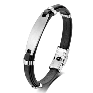 Men's double-strand black leather bracelet with brushed stainless steel curved plate