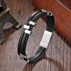 Three-layer braided black leather bracelet with stainless steel magnetic buckle for men