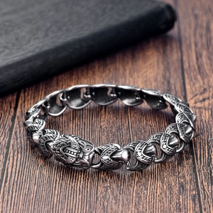 Retro punk dragon head bracelet in oxidized stainless steel with vintage silver chain link