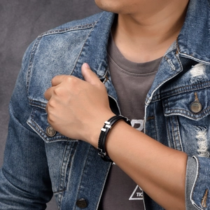 Men's triple-layer braided black leather bracelet with silver stainless steel slides