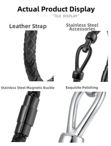 Macro detail of black braided leather strap and polished stainless steel magnetic clasp