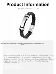 Detail showing braided genuine leather and matte stainless steel clasp on men's bracelet