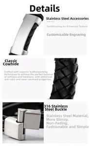 Detail view of woven leather texture and brushed stainless steel magnetic clasp