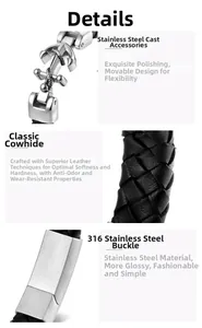Detail der 316 Edelstahl-Ankerschließe und geflochtener Lederstruktur des Herrenarmbands