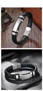 Detail view of woven leather men's bracelet with brushed metal plate and magnetic clasp