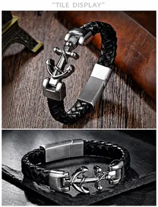Detail eines maritimen Lederarmbands mit Ankerverschluss aus silbernem Edelstahl