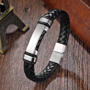 Men's braided black leather bracelet featuring a brushed silver stainless steel bar accent