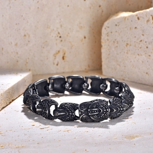 Vintage oxidized stainless steel biker chain bracelet with intricate wolf head link design