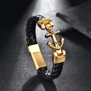 Geflochtenes Herrenarmband aus schwarzem Leder mit goldenem Ankerverschluss aus Edelstahl