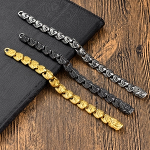 Retro punk dragon scale chain bracelet for men in gold, silver and black finishes