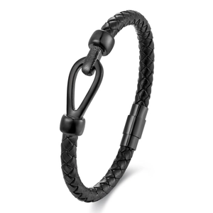 Men Minimalist Stainless Steel PU Leather Braided Bracelet Horseshoe Buckle Street Style Magnetic Clasp Punk Jewelry