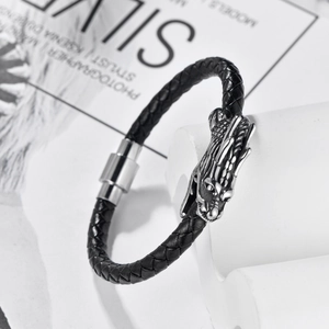 Geflochtenes Lederarmband für Herren mit Drachenkopf aus Edelstahl und Magnetverschluss