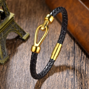 Men's black braided leather bracelet with gold stainless steel horseshoe magnetic clasp