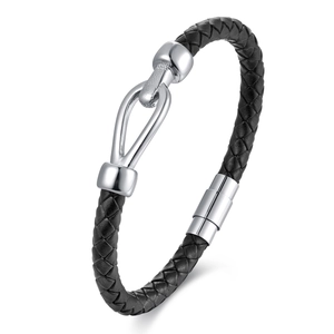 Braided black leather bracelet for men with silver stainless steel horseshoe magnetic clasp
