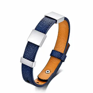 Herren Armband aus blauem Leder mit Litschi-Muster und quadratischen Metallschnallen in Silber