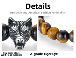 Macro detail of stainless steel wolf head charm and premium tiger eye stone beads