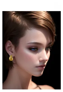 Détail de boucles d'oreilles dorées goutte avec motif cœur porté par le mannequin